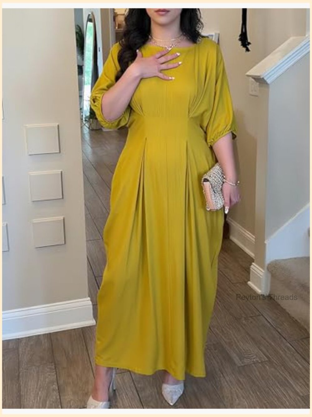 Vintage Linen Midi Dress Puff Sleeves Crew Neck Empire Waist with Pockets - Picture 3 of 7